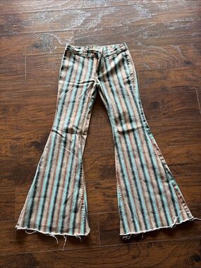 Striped Flared Kids Jeans in Teal and Brown